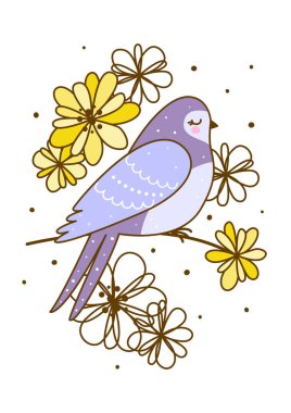 Şirin yutmak ve beyaz arka plan üzerinde izole çiçeklerle bahar tebrik kartı