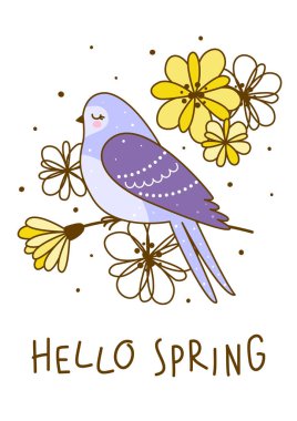 Şirin yutmak ve beyaz arka plan üzerinde izole çiçeklerle bahar tebrik kartı