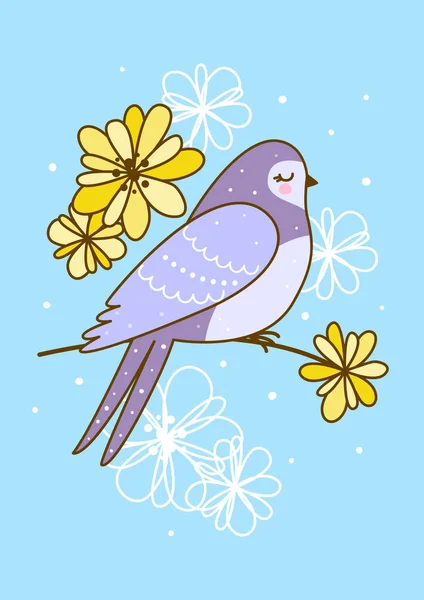 Lente Wenskaart Met Schattige Swallow Bloemen — Stockvector