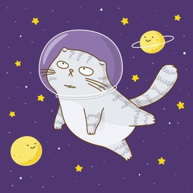 Sevimli scottishfold kedi astronot üzerinde yıldızlı uzay arka plan 
