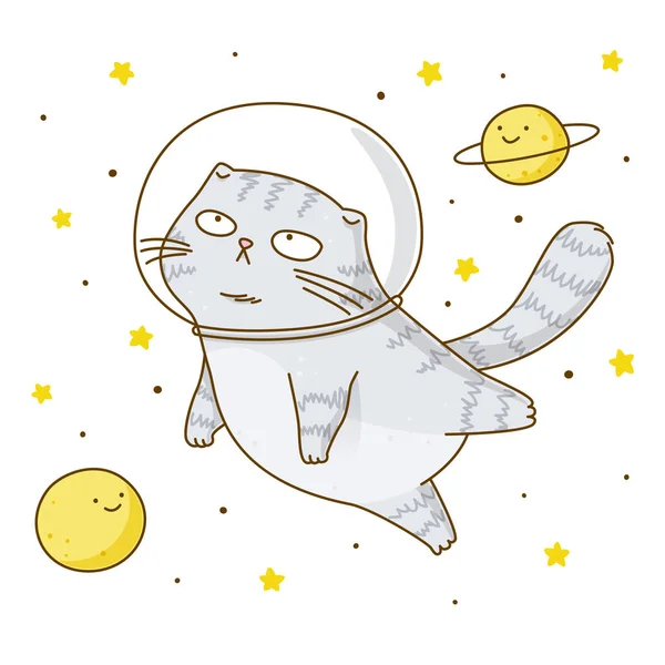 Χαριτωμένο Σκωτσέζικο Τρίπτυχο Γάτα Αστροναύτης Έναστρο Χώρο Φόντο — Διανυσματικό Αρχείο