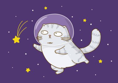 Sevimli scottishfold kedi astronot üzerinde yıldızlı uzay arka plan 