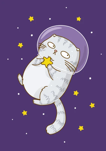 Niedliche Schottische Katze Astronaut Auf Sternenhimmel Hintergrund — Stockvektor