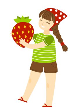 Beyaz arka plan izole taze çilek ile Sevimli mutlu kız