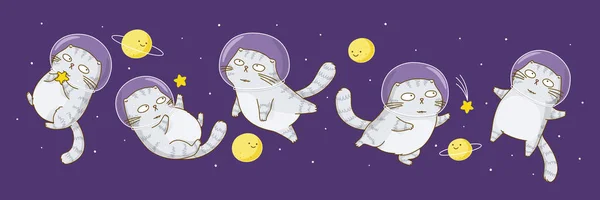 Σετ Από Χαριτωμένες Σκωτσέζικες Γάτες Αστροναύτες Έναστρο Ουρανό — Διανυσματικό Αρχείο