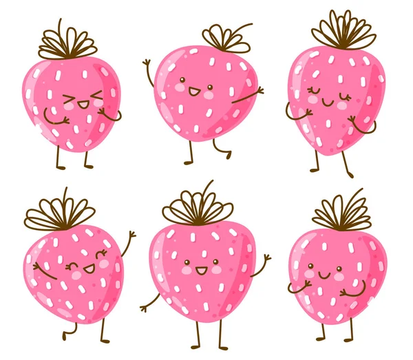 Σετ Από Χαριτωμένες Χαρούμενες Φράουλες Απομονωμένες Λευκό Φόντο — Διανυσματικό Αρχείο