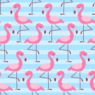 Mavi arka plan üzerinde karikatür pembe flamingolar ile dikişsiz desen
