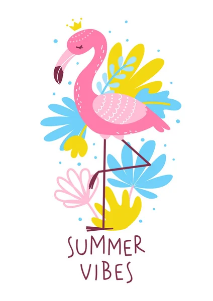 Rosa Flamingo Mit Tropischen Blättern Isoliert Auf Weißem Hintergrund — Stockvektor