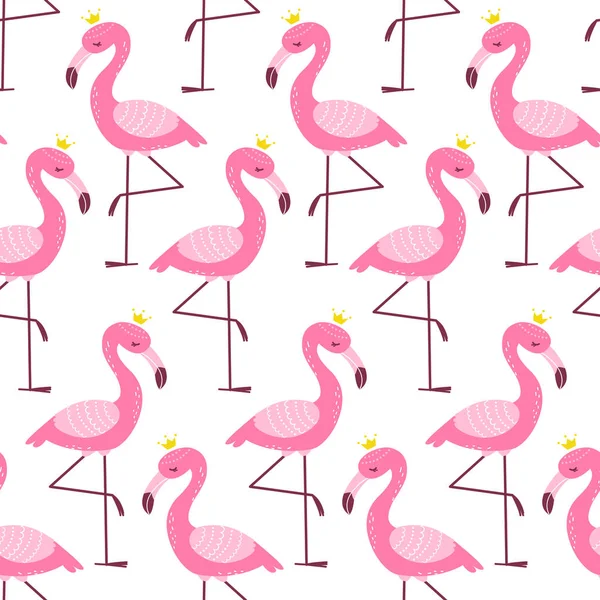 Naadloze Patroon Met Cartoon Roze Flamingo Geïsoleerd Witte Achtergrond — Stockvector