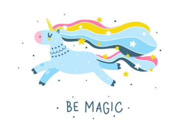 Sevimli çizgi film beyaz arka plan üzerinde izole tek boynuzlu at