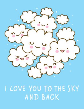 Mavi gökyüzü arka planda sevimli karikatür bulutlar ile poster