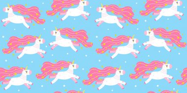 Mavi arka planda sevimli karikatür unicorns ile Dikişsiz desen