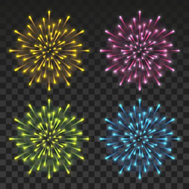 Şeffaf arka planda parlak renkli havai fişek seti