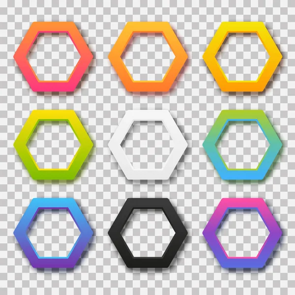 Uppsättning Färg Hexagonala Ramar Med Skuggor Transparent Bakgrund — Stock vektor