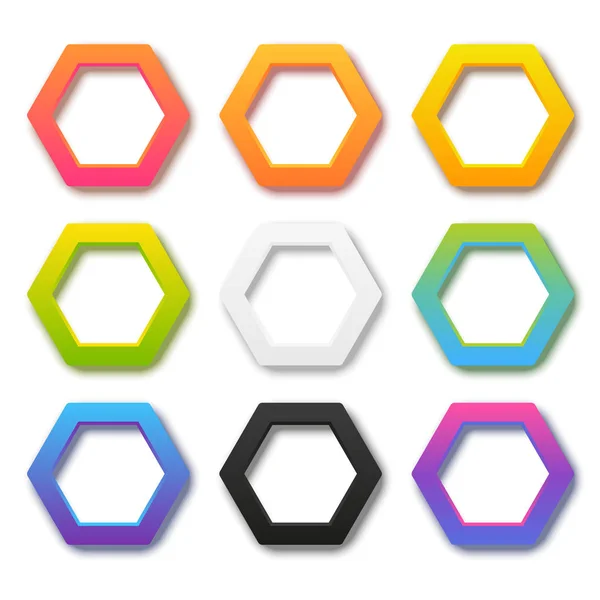 Ensemble Cadres Hexagonaux Couleur Avec Ombres Sur Fond Blanc — Image vectorielle