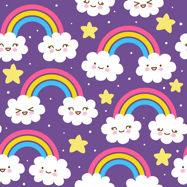 Naadloos Patroon Met Leuke Cartoon Wolken Met Regenbogen Sterren — Stockvector