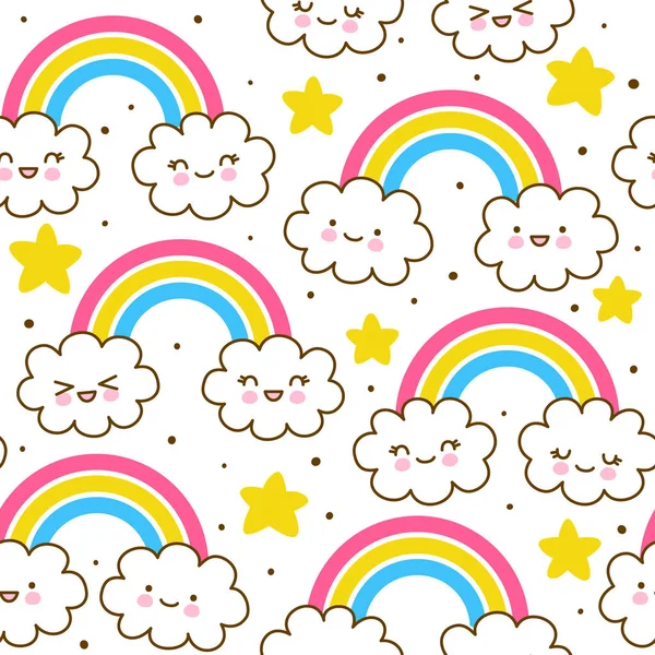 Naadloos Patroon Met Leuke Cartoon Wolken Met Regenbogen Sterren — Stockvector