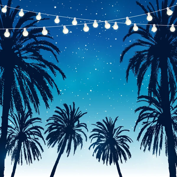 Sommerfest Hintergrund Mit Palmen Silhouetten Nächtlichen Sternenhimmel — Stockvektor
