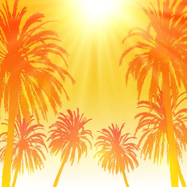 Fondo Fiesta Verano Con Siluetas Palmeras Cielo Soleado Naranja — Vector de stock