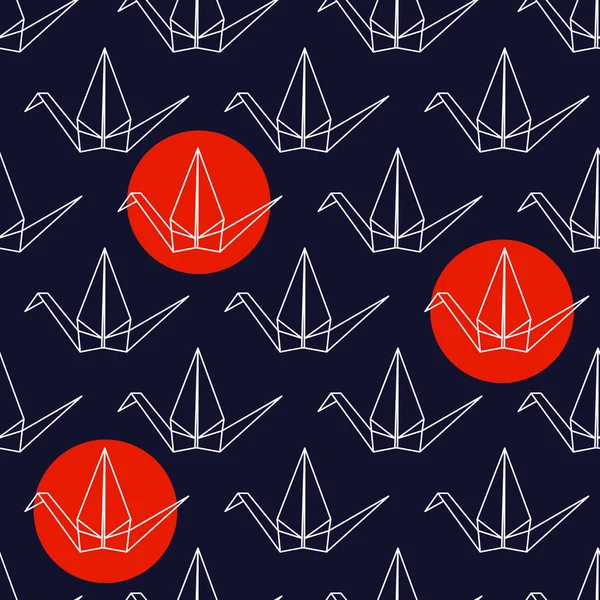 Patrón Sin Costuras Con Grúas Origami Japonesas Círculos Rojos — Archivo Imágenes Vectoriales