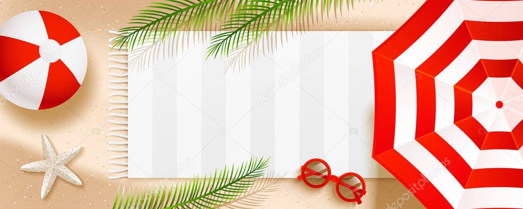 Summer beach horizontal banner with sun umbrella and sunglasses