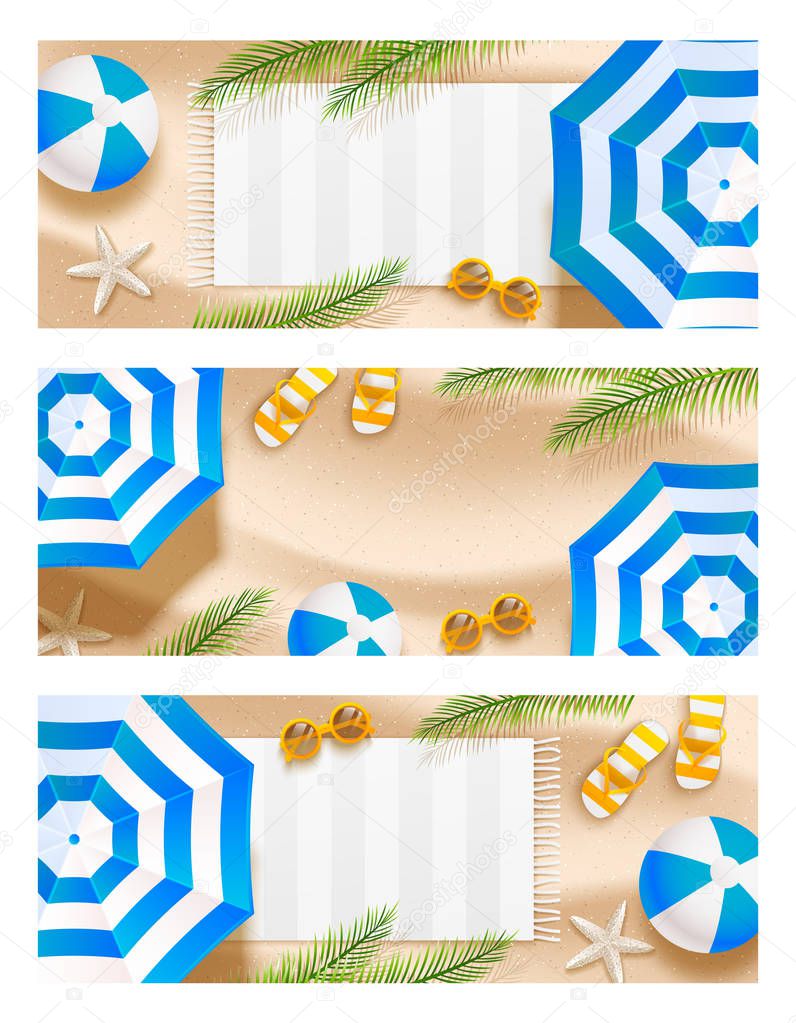 Set of summer beach horizontal banners with sun umbrellas, sunglasses, sea stars, balls, towels and palm leaves on sand 