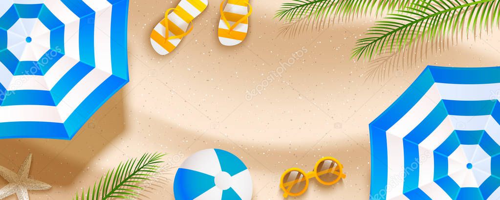 Summer beach horizontal banner with sun umbrellas, sunglasses, ball, towel and palm leaves on sand 