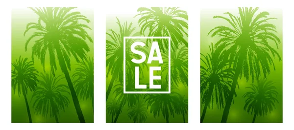 Zestaw Letnich Tropikalnych Okładek Broszur Drzewami Palmowymi Sylwetki — Wektor stockowy