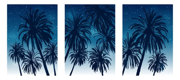 Set Tropischer Sommer Broschüren Mit Palmen Silhouetten — Stockvektor