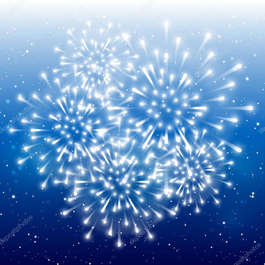 Shiny fireworks on blue starry sky background 