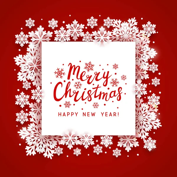 Carte Voeux Noël Avec Cadre Papier Flocons Neige Sur Fond — Image vectorielle