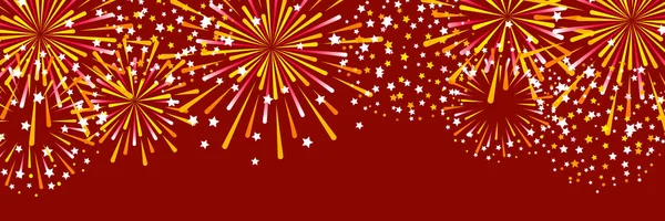 Horizontal Panoramic Banner Golden Fireworks Red Background — Stock Vector