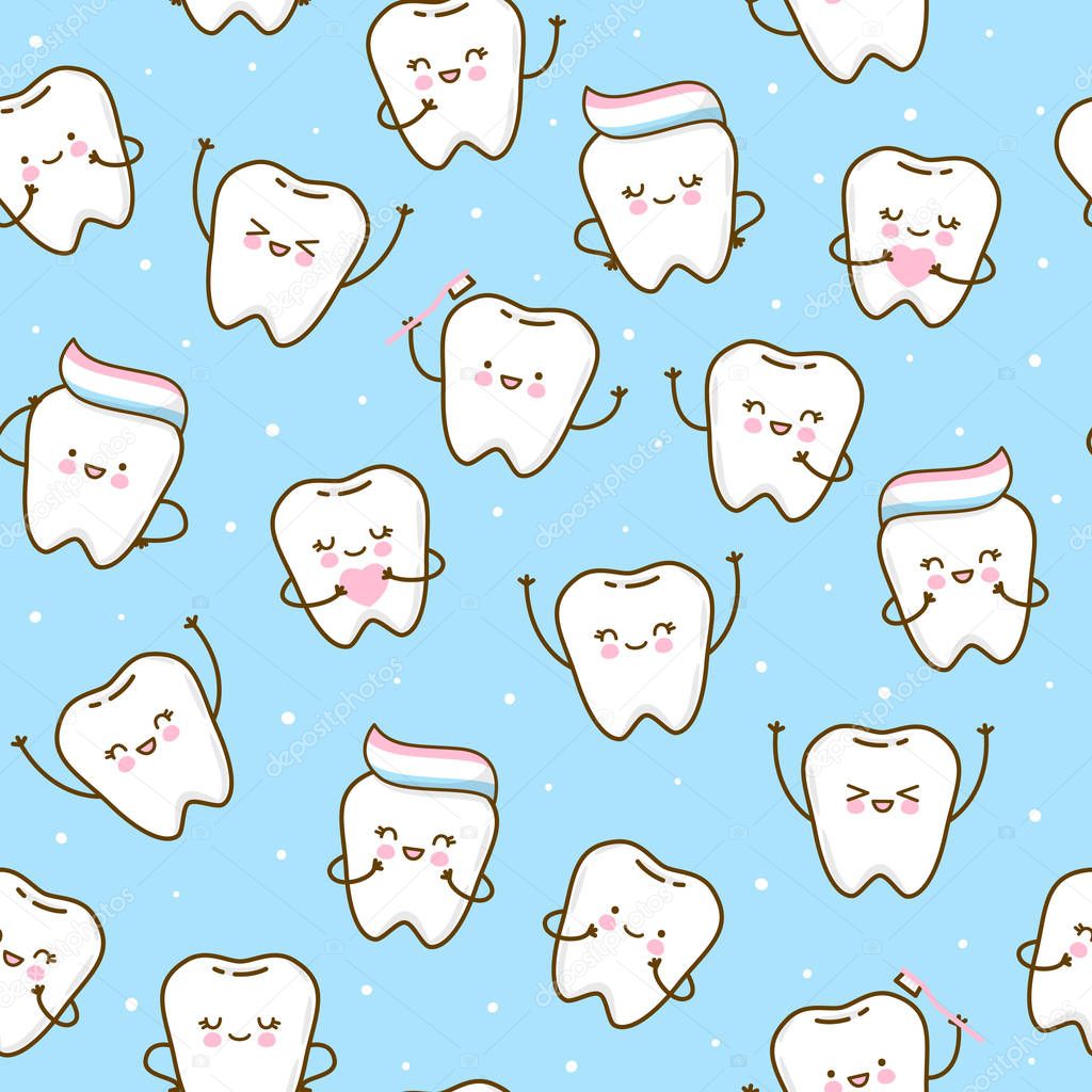 Seamless pattern with cute teeth on blue background 