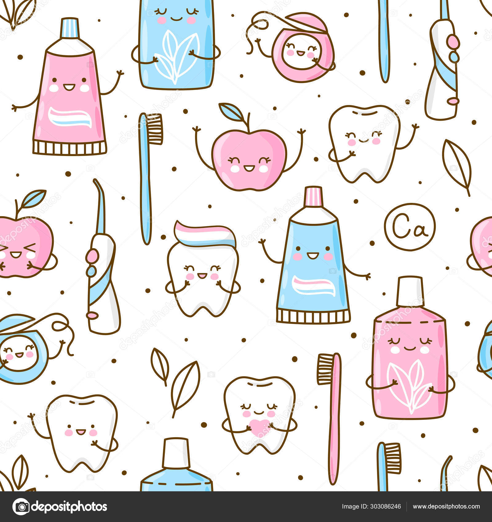 Seamless Pattern Cute Teeth Objects Dental Care Isolated White Background  Stock Vector Image by ©Huhli13 #303086246