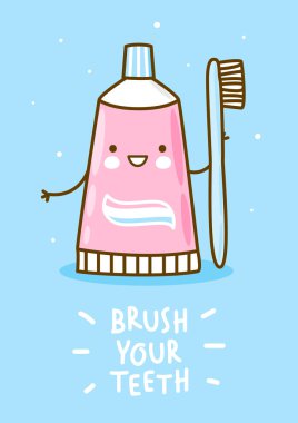 Mavi arka plan üzerinde fırça ile sevimli karikatür diş macunu