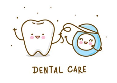 Beyaz arka plan üzerinde izole diş ipi ile Sevimli küçük diş