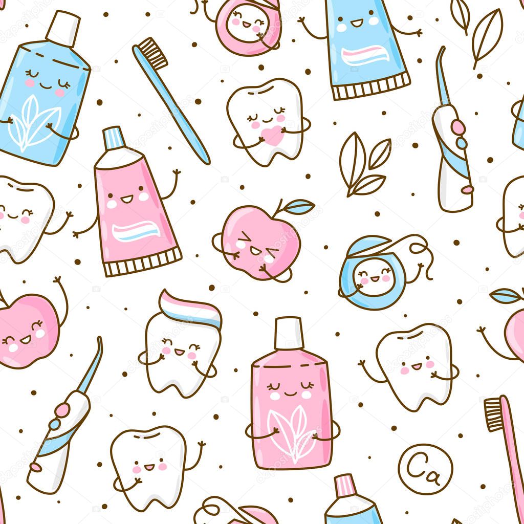 Seamless pattern with cute teeth and objects for dental care isolated on white background