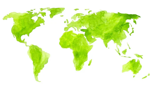 Watercolor Paint Green World Map Isolated White Background — Stock Photo, Image