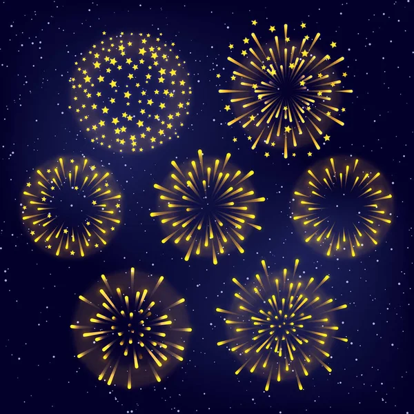 星空の背景に光沢のあるライト黄金の花火のセット — ストックベクタ