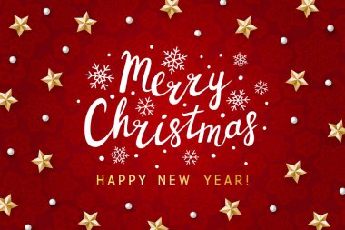 Kırmızı kar taneleri üzerinde altın yıldız dekoru olan Noel tebrik kartı.