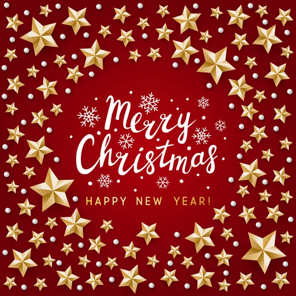 Χριστουγεννιάτικη Ευχετήρια Κάρτα Χρυσά Αστέρια Διακόσμηση Κόκκινο Φόντο — Διανυσματικό Αρχείο