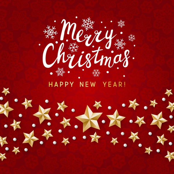 Natal Cartão Saudação Com Estrelas Douradas Decoração Flocos Neve Vermelho — Vetor de Stock