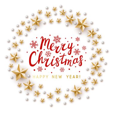 Beyaz arka planda altın yıldızlı Noel tebrik kartı