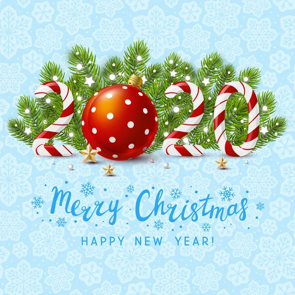 2020 Numéros Bonbons Avec Décor Noël Sur Fond Bleu Flocons — Image vectorielle