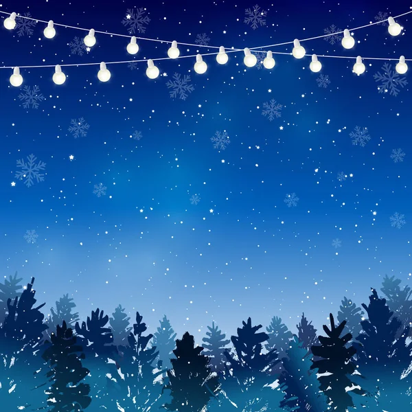 Árboles Navidad Con Bombillas Sobre Fondo Cielo Estrellado — Vector de stock