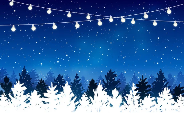 Christmas Trees Light Bulbs Starry Sky Background — Stock Vector