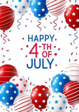 Beyaz arkaplanda izole edilmiş renkli balonlar ve konfetilerle Bağımsızlık Günü tebrik kartı