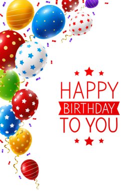 Beyaz arka planda izole edilmiş renkli balonlar ve konfetilerin olduğu doğum günü tebrik kartı