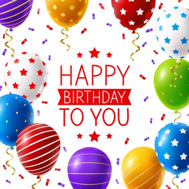 Beyaz arka planda izole edilmiş renkli balonlar ve konfetilerin olduğu doğum günü tebrik kartı 