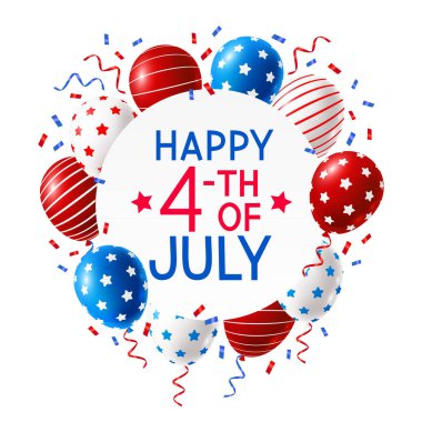 Beyaz arkaplanda izole edilmiş renkli balonlar ve konfetilerin olduğu Bağımsızlık Günü tebrik kartı - metin için yeri olan yuvarlak çerçeve